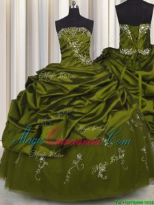 Embroidery Strapless Sleeveless Quinceanera Gown Floor Length Beading and Appliques and Pick Ups Olive Green Taffeta