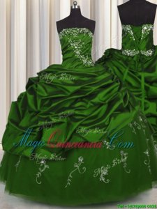 Pretty Embroidery Green Ball Gowns Strapless Sleeveless Taffeta Floor Length Lace Up Beading and Appliques and Pick Ups Sweet 16 Dresses
