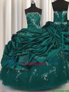 Peacock Green Lace Up Strapless Beading and Appliques and Embroidery and Pick Ups Sweet 16 Quinceanera Dress Taffeta Sleeveless