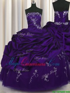 Strapless Sleeveless 15 Quinceanera Dress Floor Length Beading and Embroidery and Pick Ups Purple Taffeta