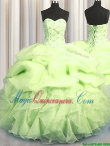 Pick Ups Visible Boning Sweetheart Sleeveless Lace Up Ball Gown Prom Dress Yellow Green Organza