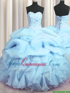 Visible Boning Beading and Ruffles and Pick Ups Quinceanera Dress Baby Blue Lace Up Sleeveless Floor Length