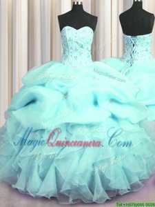 Visible Boning Sleeveless Organza Floor Length Lace Up Sweet 16 Dress in Aqua Blue for with Beading and Ruffles and Pick Ups