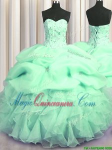 Fantastic Visible Boning Apple Green Lace Up Sweetheart Beading and Ruffles Sweet 16 Dresses Organza Sleeveless