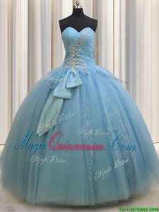 Noble Sequins Bowknot Floor Length Baby Blue Quince Ball Gowns Sweetheart Sleeveless Lace Up