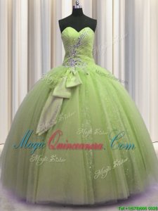 Simple Sleeveless Tulle Floor Length Lace Up Sweet 16 Quinceanera Dress in Yellow Green for with Beading and Sequins and Bowknot