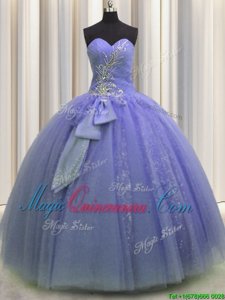 Lavender Lace Up Sweet 16 Dresses Beading and Sequins and Bowknot Sleeveless Floor Length