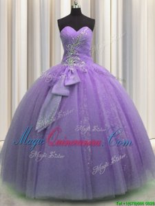 Beauteous Floor Length Lavender Quinceanera Gown Tulle Sleeveless Beading and Sequins and Bowknot