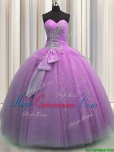 Charming Lilac Tulle Lace Up Sweetheart Sleeveless Floor Length Quinceanera Dress Beading and Sequins and Bowknot