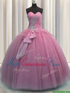 Flirting Sweetheart Sleeveless Quinceanera Gowns Floor Length Beading and Sequins and Bowknot Rose Pink Tulle