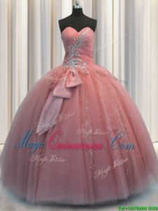 Cheap Watermelon Red Tulle Lace Up Sweetheart Sleeveless Floor Length Sweet 16 Quinceanera Dress Beading and Sequins and Bowknot