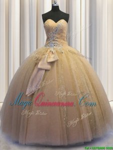 On Sale Sequined Champagne Sleeveless Beading and Bowknot Floor Length 15 Quinceanera Dress