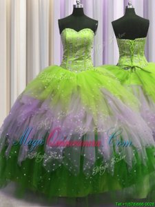 Custom Designed Visible Boning Tulle Sweetheart Sleeveless Lace Up Beading and Ruffles and Sequins 15 Quinceanera Dress in Multi-color