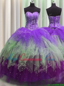 Visible Boning Multi-color Sleeveless Beading and Ruffles and Sequins Floor Length Ball Gown Prom Dress