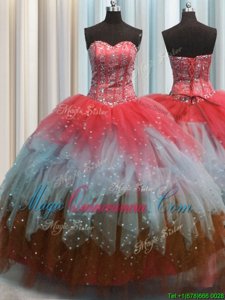 Beautiful Visible Boning Multi-color Tulle Lace Up Quinceanera Dress Sleeveless Floor Length Beading and Ruffles and Sequins