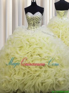 Romantic Rolling Flowers Brush Train Floor Length Lace Up Ball Gown Prom Dress Light Yellow and In for Military Ball and Sweet 16 and Quinceanera with Beading and Pick Ups