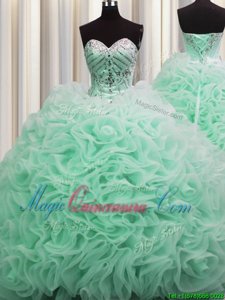 Modern Brush Train Apple Green Sleeveless Fabric With Rolling Flowers Lace Up Quinceanera Dresses for Military Ball and Sweet 16 and Quinceanera