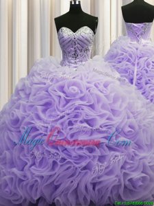 Dramatic Sweetheart Sleeveless Ball Gown Prom Dress Brush Train Beading and Pick Ups Lavender Fabric With Rolling Flowers
