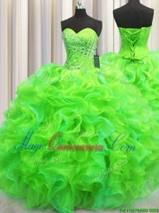 Pretty Sleeveless Floor Length Beading and Ruffles Lace Up Quinceanera Gowns with Green