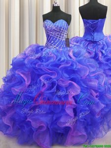 Shining Floor Length Lace Up Quinceanera Gown Multi-color and In for Military Ball and Sweet 16 and Quinceanera with Beading and Ruffles