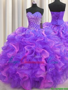 Organza Sweetheart Sleeveless Lace Up Beading and Ruffles Quinceanera Gown in Multi-color