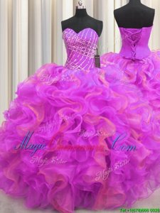 Custom Made Beading and Ruffles Quinceanera Gowns Multi-color Lace Up Sleeveless Floor Length