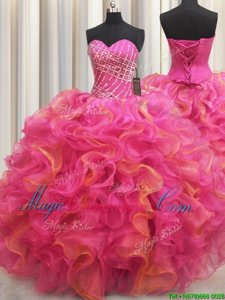 Hot Pink Organza Lace Up Sweetheart Sleeveless Floor Length Quinceanera Dresses Beading and Ruffles