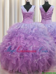 V Neck Zipper Up Lilac Organza Zipper V-neck Sleeveless Floor Length Quinceanera Dresses Ruffles