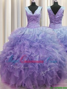 Fashionable V Neck Zipper Up Lavender Zipper V-neck Ruffles Sweet 16 Dress Organza Sleeveless