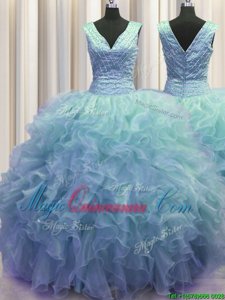 Colorful V Neck Zipper Up Sleeveless Ruffles Zipper 15th Birthday Dress