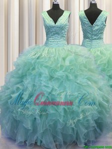 V Neck Zipper Up V-neck Sleeveless Sweet 16 Dress Floor Length Ruffles Light Blue Organza