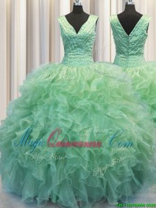 Customized V Neck Zipper Up Green Ball Gowns V-neck Sleeveless Organza Floor Length Zipper Beading and Ruffles Sweet 16 Dresses