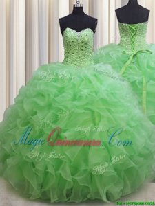 Amazing Sleeveless Beading and Ruffles Floor Length Quince Ball Gowns