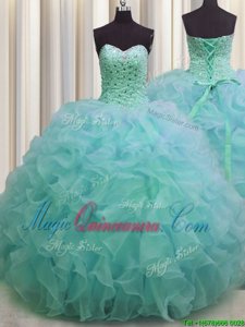 Fashion Organza Sweetheart Sleeveless Lace Up Beading and Ruffles Vestidos de Quinceanera in Green