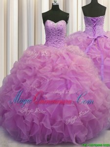 Beading and Ruffles Ball Gown Prom Dress Lilac Lace Up Sleeveless Floor Length