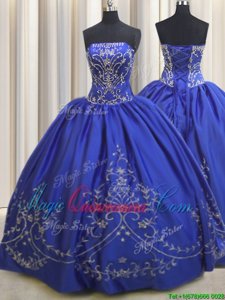 Sleeveless Chiffon Floor Length Lace Up Quince Ball Gowns in Royal Blue for with Beading and Embroidery