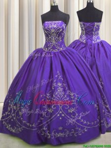 Strapless Sleeveless Sweet 16 Quinceanera Dress Floor Length Beading and Embroidery Dark Purple Taffeta