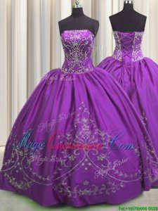 Inexpensive Floor Length Eggplant Purple Quinceanera Gowns Taffeta Sleeveless Embroidery