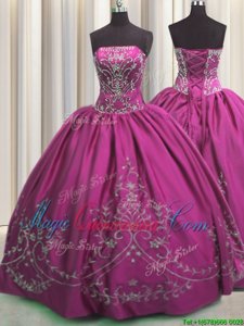 Beauteous Embroidery Strapless Sleeveless Lace Up Quinceanera Gown Fuchsia Taffeta