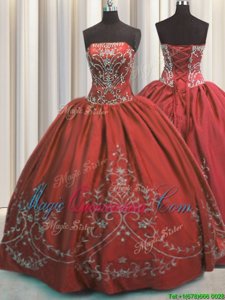 Luxury Floor Length Lace Up Sweet 16 Dresses Wine Red and In for Military Ball and Sweet 16 and Quinceanera with Beading and Embroidery