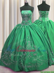 Clearance Green Quince Ball Gowns Military Ball and Sweet 16 and Quinceanera and For with Beading and Embroidery Strapless Sleeveless Lace Up