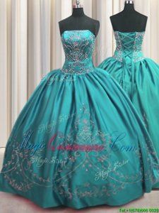 Dazzling Teal Taffeta Lace Up Strapless Sleeveless Floor Length Quinceanera Dress Beading and Embroidery
