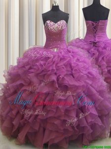 Hot Sale Beaded Bust Sweetheart Sleeveless Lace Up Quince Ball Gowns Fuchsia Organza
