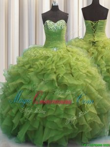 New Arrival Beaded Bust Floor Length Olive Green Sweet 16 Quinceanera Dress Organza Sleeveless Beading and Ruffles