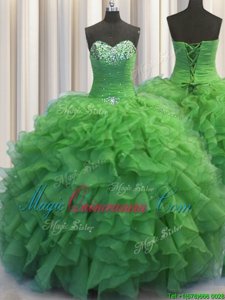 Chic Beaded Bust Green Ball Gowns Beading and Ruffles Quinceanera Dress Lace Up Organza Sleeveless Floor Length