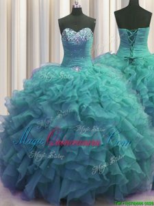Sumptuous Beaded Bust Turquoise Lace Up Sweetheart Beading and Ruffles Sweet 16 Dress Organza Sleeveless