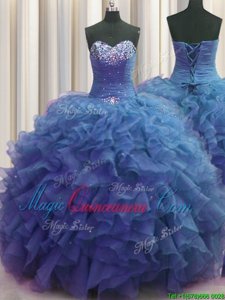 Beaded Bust Floor Length Blue Sweet 16 Dresses Sweetheart Sleeveless Lace Up
