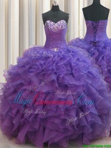 Glamorous Beaded Bust Sweetheart Sleeveless Lace Up 15 Quinceanera Dress Purple Organza