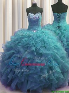 Flirting Beaded Bust Teal Sleeveless Beading and Ruffles Floor Length 15th Birthday Dress
