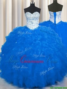 Adorable Royal Blue Sleeveless Beading and Ruffles Floor Length Sweet 16 Dress